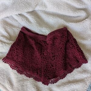 Beach Coverup Burgundy Crochet Lace Mini Shorts
